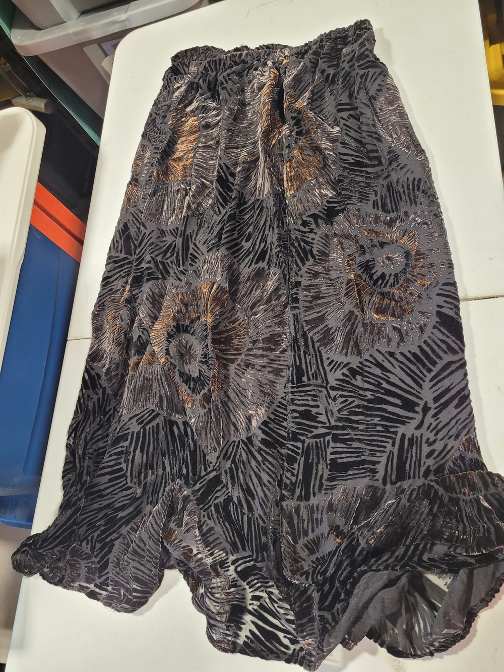 Chico's Black Velvet Silk Blend Burnout Maxi Skirt with Bronze Floral Motif